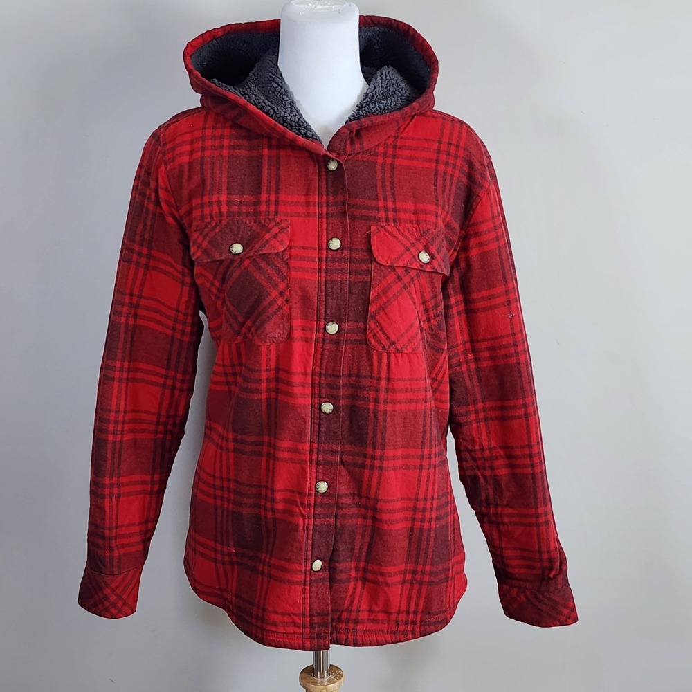 Wind River Heritage Hooded Flannel Shirt Jacket Womens L Red Plaid Sherpa Lined